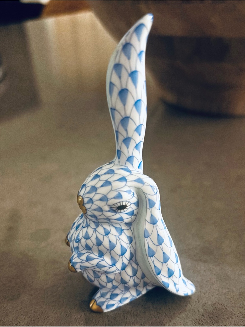 Herend Blue and White Fishnet Porcelain Rabbit Figurine with Gold Accents